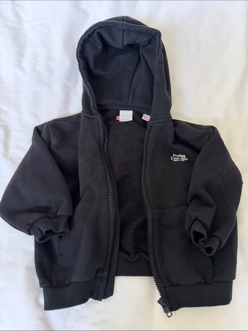 Zara Kids Black Hooded Zip Sweatshirt with Subtle Chest Embroidery